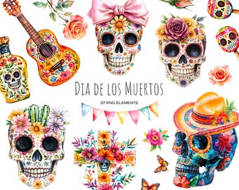 Imágenes prediseñadas del Día de Muertos en acuarela. Día De Los Muertos. Imágenes prediseñadas de calavera de azúcar. Conjunto mexicano. Dia De Los Muertos tequila, maracas, flores