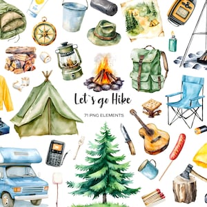 Aquarell Camping Clipart Wandermaterial set Camping PNG Elemente, Werkzeuge und Gegenstände Scout Clipart Zelt, Wanderkarte, Schlafsack