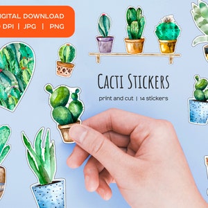 Pegatinas de cactus. Cactus acuarela en pegatina de maceta. Pegatina suculenta. Pegatina de cactus. Descarga inmediata de plantas caseras, impresión y corte de pegatinas.