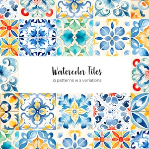 Watercolor tiles clipart. Yellow and blue tiles clip art. Set of Spain, African, Arabic and Chinese tiles watercolor clipart. Seamless tile
