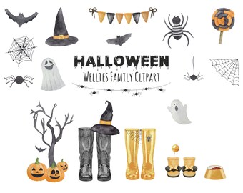 Watercolor Halloween Welly Boot Clipart: Family Print Creator (PNG)
