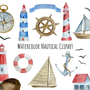 Clipart nautica ad acquerello. Elementi marini clip art faro, salvagente, timone, ancora. Clipart oceanica con barca a vela ed elementi nautici