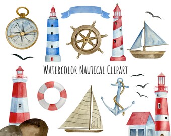 Watercolor Nautical Clipart: Lighthouse, Sailboat, Anchor (PNG Digital Files)