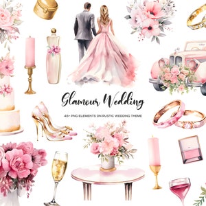 Watercolor glamour wedding clipart. Pink and gold gorgeous wedding theme clip art. Glamour chic theme wedding ideas invitation decor