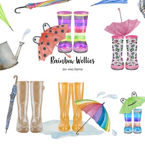 Watercolor wellies and brollies clipart. Family welly boot print. Wellies clip art for personalised family print. Its my welly family print.