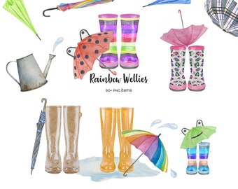 May include: A set of watercolor illustrations featuring colorful rain boots, umbrellas, and a watering can. The illustrations are perfect for creating a whimsical and cheerful rainy day theme.