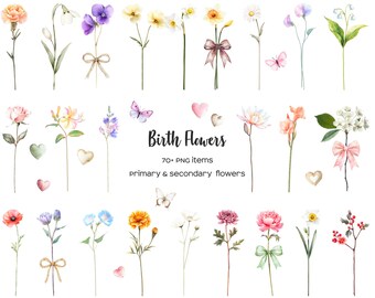 May include: Watercolor illustrations of various flowers, including lilies, daisies, and roses, in shades of pink, purple, yellow, and white. The illustrations are arranged in rows and include hearts and butterflies. The text "Birth Flowers" is displayed in the center of the image, along with the text "70+ PNG items" and "primary & secondary flowers".