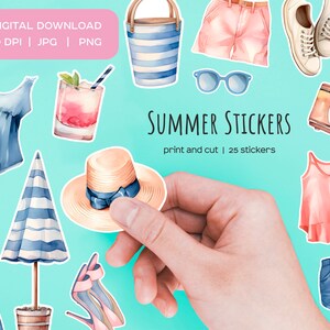 Aquarel stickers voor de zomertijd. Zomerse strandsticker. Seizoensgebonden zomervakantie sticker zomerkleding, hoed, bril sticker print & knippen