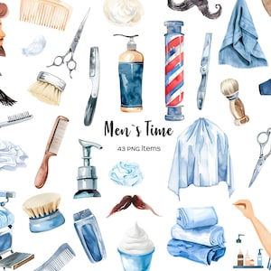 Aquarell Barbershop Artikel. Barbershop-Ausrüstung PNG. Barbier Stange. Friseur Werkzeuge Clip Art. Männerpflege. Herren Friseursalon-Werkzeuge.