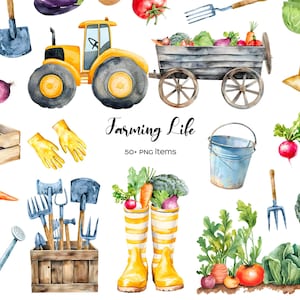 Clipart de vie agricole à l'aquarelle. Éléments de la vie du village. Articles de jardinage. Outils et équipements agricoles. Culture de légumes. Véhicules agricoles.