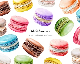 Watercolor rainbow macaroons clipart 10 French colorful desserts red, pink, blue, purple macarons PNG