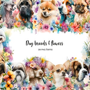 Watercolor dog breeds clipart. Dog with flowers clip art. Floral dog types 39 PNG. Dog lover gift. Small medium large dog. Labrador, Terrier