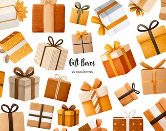 Watercolor gift boxes clipart: 27 Christmas beige and brown gifts (PNG Digital Files)
