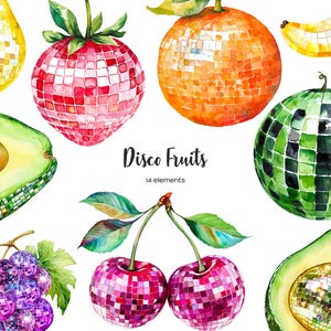 Aquarelle de fruits boule disco clipart 14 Fruit party ball pomme, fraise, banane, avocat, boule à paillettes orange boule à facettes