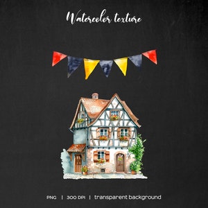 May include: Watercolor illustration of a traditional German half-timbered house with a red, yellow, and black bunting above it. The house has a brown roof, white walls, and black beams. There are flowers in pots on the windowsills and a small tree in front of the house.