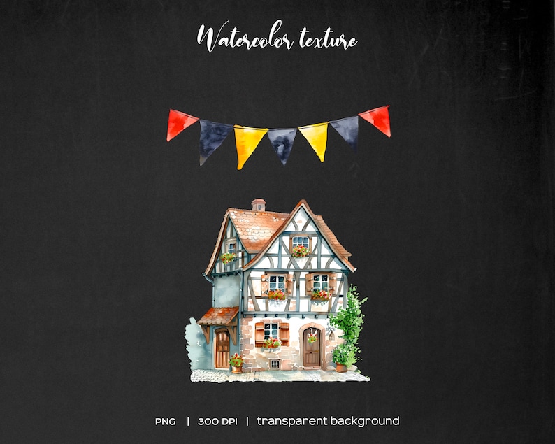 May include: Watercolor illustration of a traditional German half-timbered house with a red, yellow, and black bunting above it. The house has a brown roof, white walls, and black beams. There are flowers in pots on the windowsills and a small tree in front of the house.