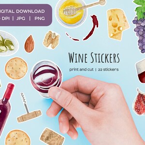 Aquarel wijnstickers. Sticker rode wijn. Sticker voor wijnliefhebbers. Wijnfeest PNG. Wijnfles, glas, kaas, snacks sticker print & cut