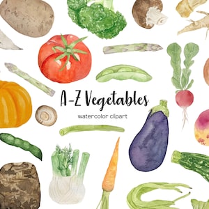 Aquarelle A-Z légumes clipart. Aquarelle de légumes légumes. Images clipart végétales à alphabet complet. Aquarelle végétalienne et végétarienne clipart.