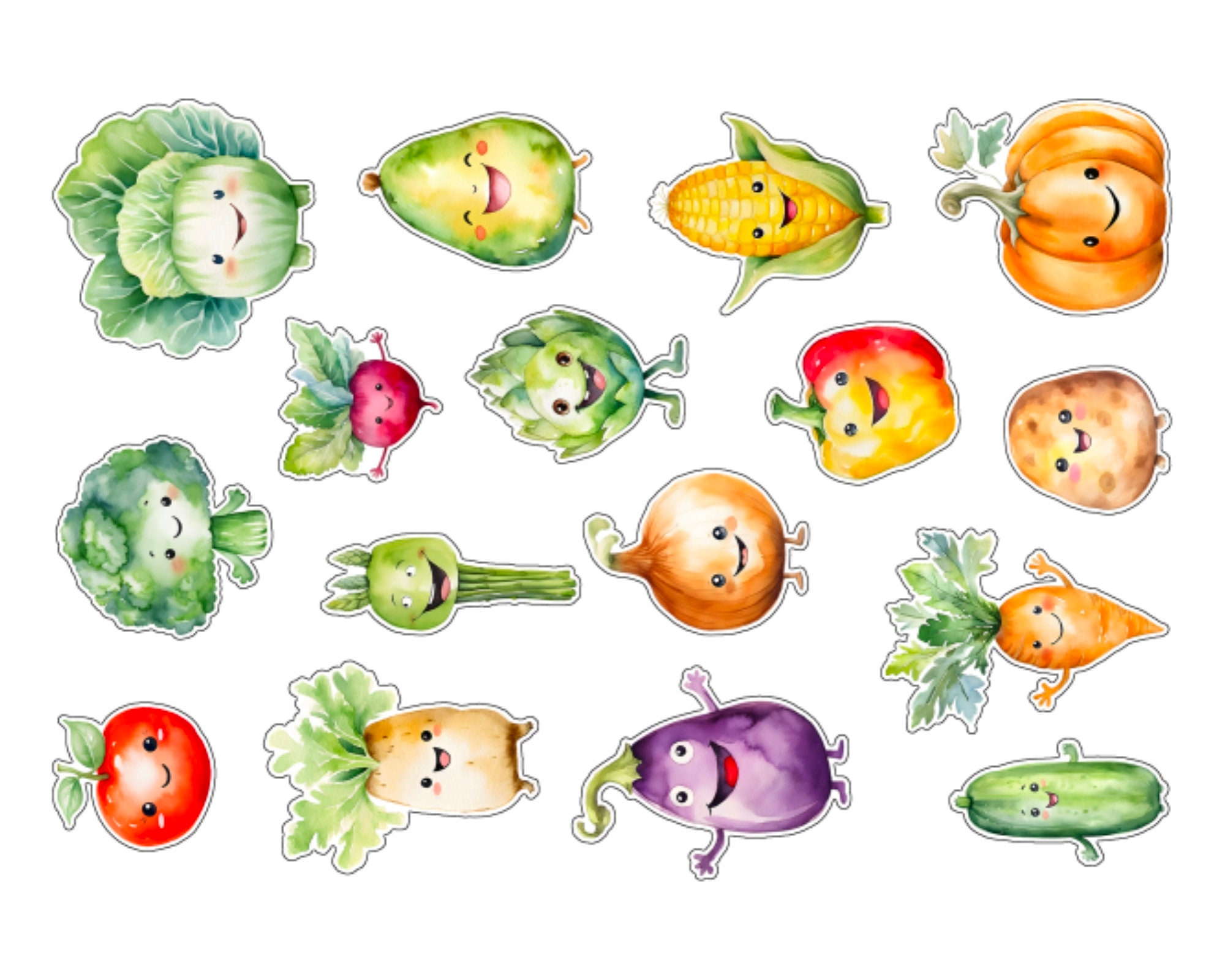 Watercolor Kawaii Vegetables Stickers. Happy Veggies 16 Sticker. Smiling Pumpkin, Eggplant ...