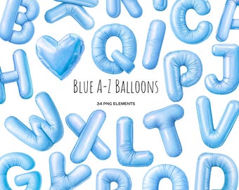 Watercolor Blue Balloon Letters Clipart: A-Z PNG (Digital Download)