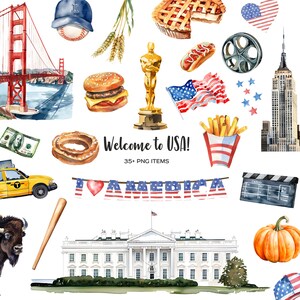 Clipart acquerello USA. Set Stati Uniti d'America. Elementi americani png. Clipart di viaggio. Benvenuti negli USA. Simboli, bandiera e punto di riferimento degli USA