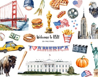 Watercolor USA Clipart: American Landmarks & Symbols (PNG)