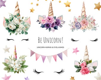Watercolor unicorn horns clipart Unicorn horn with flowers and eyelash Be unicorn illustration