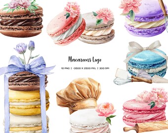 Watercolor Macarons Logo Clipart: Floral French Bakery Designs (PNG)