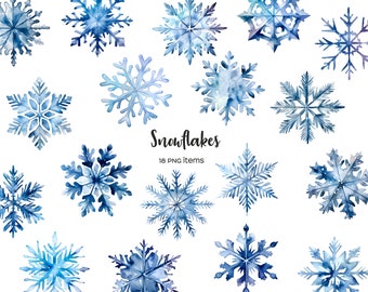 Copos de nieve en acuarela: 18 diseños navideños azules en formato PNG (descarga digital)