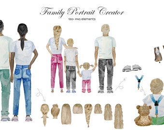 Watercolor Family Portrait Creator: Back View Clipart (PNG)