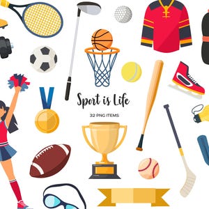 Sport equipment clipart 32 PNG. Rodzaje gier sportowych. Zestaw przedmiotów sportowych. Gry z piłką. Piłka nożna baseball hokej golf sprzęt. Piłki sportowe PNG