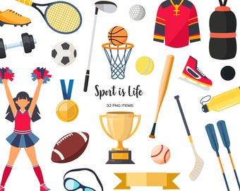 Sports Equipment Clipart: 32 PNG Illustrations (Digital Download)