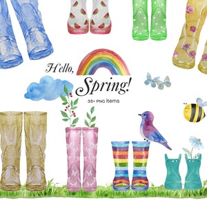 Peut inclure: Illustrations aquarelle d'éléments sur le thème du printemps, y compris des bottes de pluie, un arc-en-ciel, une abeille, un oiseau et des fleurs. Le texte "Hello, Spring! 35+ PNG items" est inclus dans l'image.
