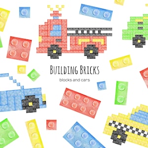 Watercolor building bricks clipart. Toy plastic bricks clip art. Colorful bricks PNG. Brick blocks cipart. Children party building brick set