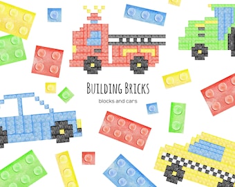 Watercolor Building Bricks Clipart: Toy Cars PNG (Digital Download)
