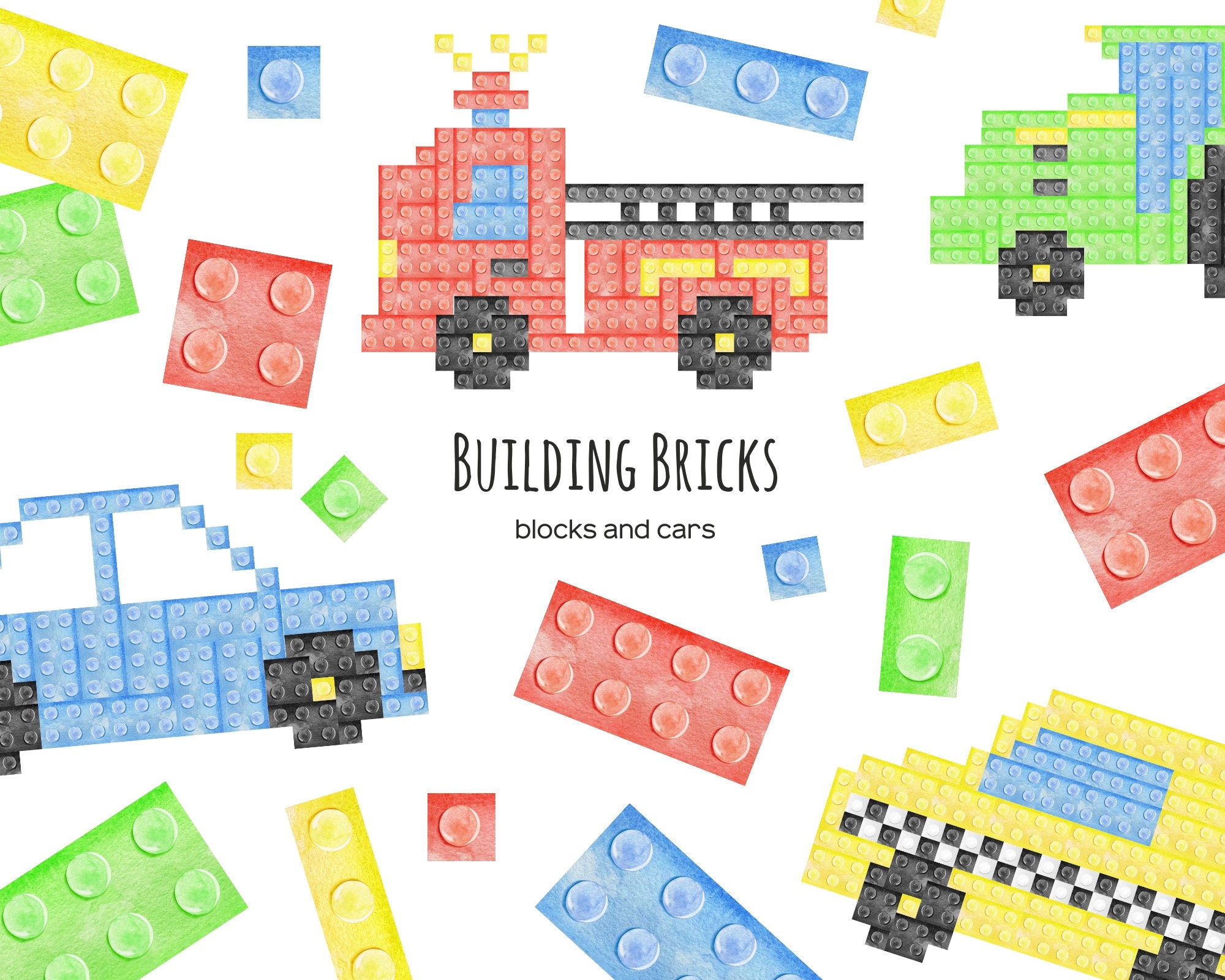 Watercolor Building Bricks Clipart: Toy Cars PNG (digital Download) - Etsy