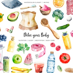 Clipart détox aquarelle. Clipart bien-être. Clipart de désintoxication. Nutrition détox, sommeil, méditation. Alimentation saine. Éléments de biopiratage