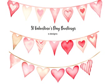 Watercolor Valentine Heart Bunting Clipart (6 PNG)