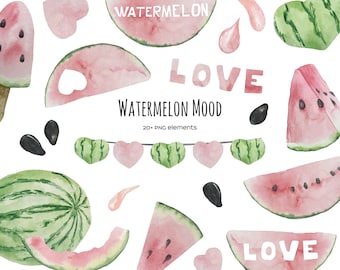 Watercolor Watermelon Clipart: Summer Fruit PNG Set (21 Elements)