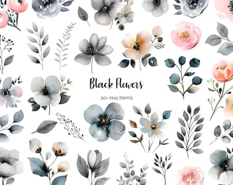 Watercolor Black Flower Clipart: Beige & Pink Floral Set (PNG)