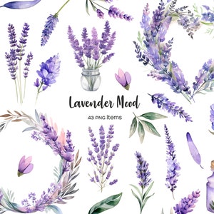 Può includere: Illustrazioni ad acquerello di fiori di lavanda, rametti e ghirlande. Le illustrazioni sono in tonalità di viola, verde e bianco. Il testo "Lavender Mood" e "43 PNG items" è incluso nell'immagine.