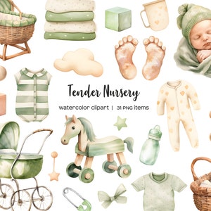 Imágenes prediseñadas de bebé acuarela. Imágenes prediseñadas de bebé recién nacido. Elementos infantiles de color beige pastel y verde. Anuncio de nacimiento de niña y niño. baby shower