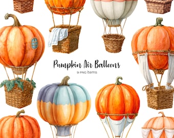 Watercolor Pumpkin Hot Air Balloon Clipart: 9 PNG Digital Files