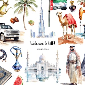 May include: Watercolor illustrations of various landmarks and cultural elements of the United Arab Emirates, including the Burj Khalifa, a mosque, a camel, an oil rig, a traditional Emirati man and woman, a hookah, dates, a watermelon, and a prayer rug. The text "Welcome to UAE! 35 PNG Items" is also included.