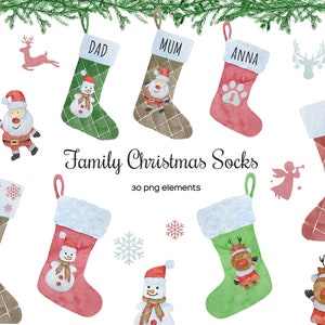 Bas de Noël aquarelle clipart. Imprimé famille chaussettes de Noël personnalisées. Chaussettes de Noël PNG. Bas de cheminée clipart. Stockage PNG