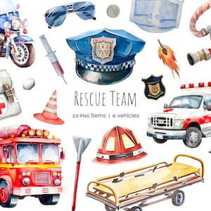 Watercolor rescue service clipart. Watercolor rescue vehicles set. Fire fighting, ambulance and police equipment and items. EMT clipart.