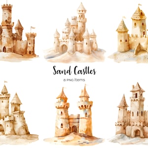 Clipart del castello di sabbia dell'acquerello. Tenero castello di sabbia beige estivo 8 PNG. Magico castello di sabbia. Castello per bambini dei cartoni animati. Costruzione di sabbia