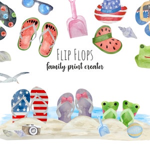 Watercolor flip flop family print. Fip flops clipart. Watercolor summer sandals clipart. Personalised family print. Summer beach clipart