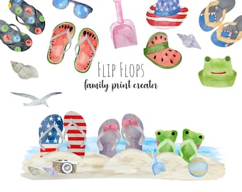 Watercolor Flip Flop Clipart: Personalized Family Print (PNG Digital Files)