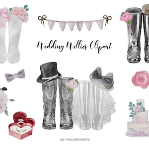 Aguajuelas de boda clipart para impresión familiar personalizada. Clipart de bota de agua de nupcial de acuarela. Botas de lluvia para novios PNG